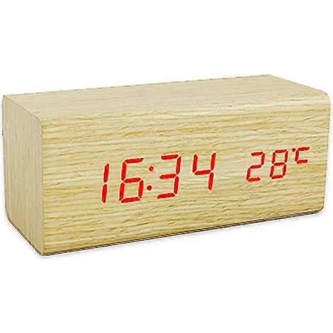 Horloge en bois à LED, réveil électronique simple et élégant, horloge de table électronique créative à commande vocale, cadeau personnalisable, orange. (1/4)