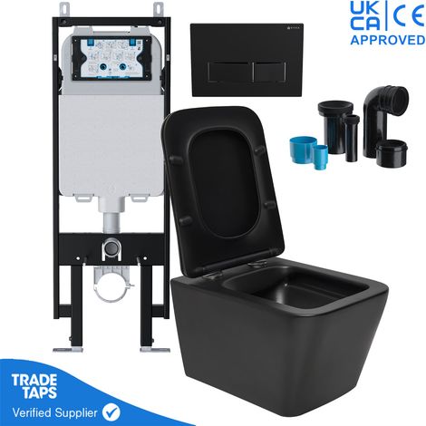 Square Black Wall Hung Toilet Pan with VIVA Slim Concealed Cistern Frame 1.14-1.35m & Square Matt Black flush Plate (1/5)