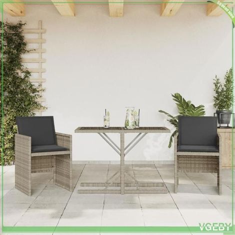 Ensemble de bistro 3 pcs - FAFEICY - 365070 - Résine tressée gris clair - Coussins amovibles - Dessus verre trempé (1/5)