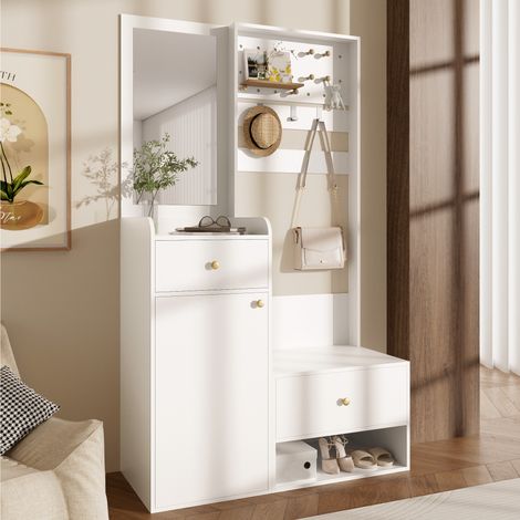 Armoire compacte, étagère d'entrée multifonctionnelle et moderne – élégant meuble de rangement blanc avec miroir, crochets réglables et étagères spacieuses pour chaussures, manteaux et petits objets, (1/5)