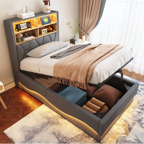 Letto per bambini 90x200 cm grigio in metallo con LED, USB e vano contenitore (1/5)