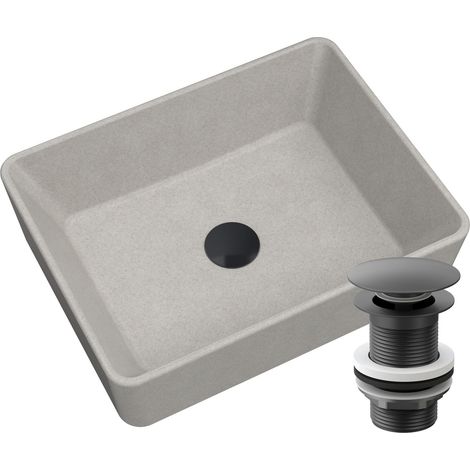 Lavabo en granit à poser Granitan Merano Beige avec bonde clic-clac noire (1/5)