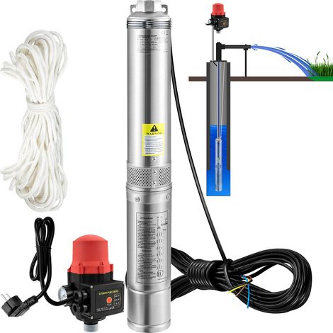Pompe immergée de forage, 550W 230V/50Hz, 50L/min, hauteur 89m, câble 20m, interrupteur automatique, acier inoxydable 8,2cm, IP68, usage industriel, irrigation et domestique. (1/5)