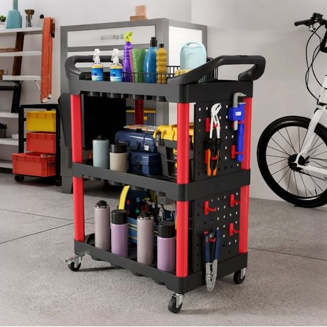 3-stufiger Werkzeugwagen mit Lochwänden, Haken und Ablage, schwarz-rot OKMYHOME (1/5)