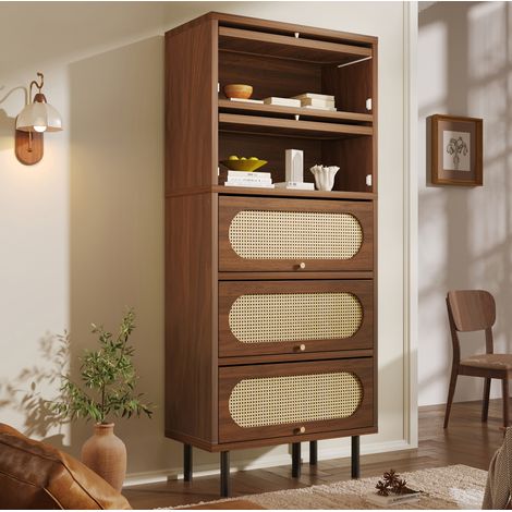 Buffet 80 x 40 x 163 cm 5 abattants effet noyer et rotin HAVRYA (1/5)
