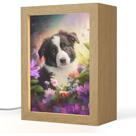 LAMPE DE CHEVET POUR ENFANT Chiot - Soleil - Fleurs - Nature - Border collie - Chien 15x20 cm