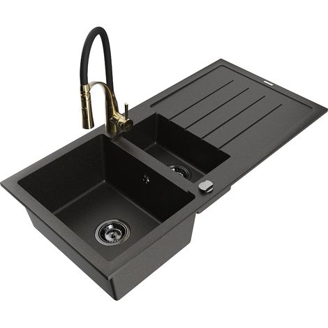 Mexen Andres 1,5-fachiger Granitspülbecken mit Abtropffläche und Küchenarmatur Aster, schwarz/gold metallic (1/5)