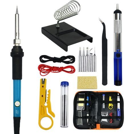 Coffret de 15 fers à souder électroniques, outil de soudage à température réglable de 60 W, 5 pannes à souder, pompe à dessouder, support de fer à souder, pincettes (1/5)