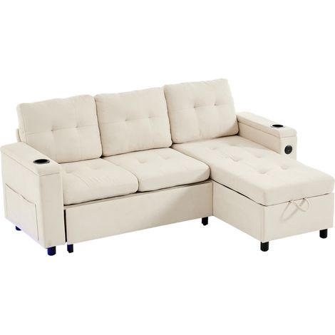 Canapé-lit d'angle L Treviso beige avec rangement intégré et éclairage LED, 208 x 146 x 89,5 cm (1/5)