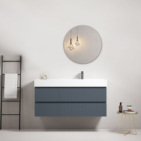 Mobile bagno sospeso cannettato 120 cm Blu Mare Lavabo a Destra in Resina Specchio Tondo - Fiji Paint (1/4)