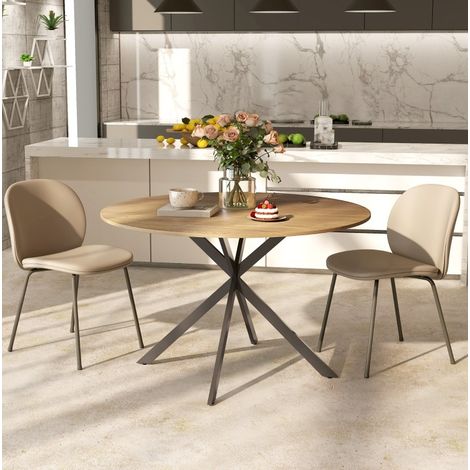 Mesa de comedor redonda Ø120 cm para 4 personas, estilo industrial, tablero roble, patas acero (1/5)