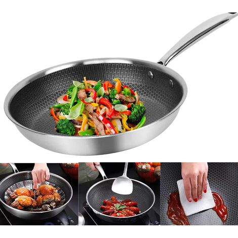 Wok avec structure en nid d'abeille Ø 30cm Wok en acier inoxydable antiadhésif pour rôtir sans colle pour tous les types de feux, y compris l'induction Poêle à frire avec poignée (1/5)