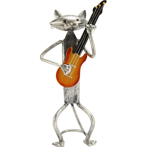 Chat jouant de la guitare sculpture métallique peinte au four artisanat résistant aux couleurs vif mignon chat debout figurine décoration maison (1/5)