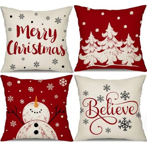 Housses de coussin de Noël rouge, joyeux arbre de Noël, décor de vacances d'hiver, flocon de neige, croire, canapé à la maison (1/4)