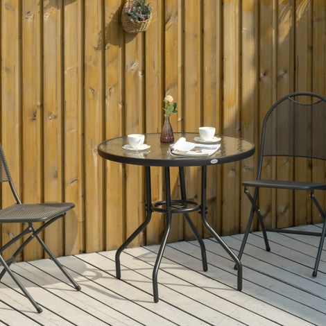 Outsunny Gartentisch Garten Beistelltisch Gartenmöbel Balkontisch Bistrotisch mit Schirmloch Hartglas + Metall Schwarz Ø80 x 72 cm