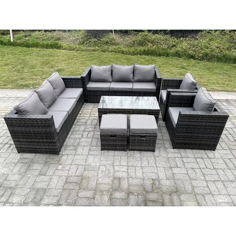 Fimous Outdoor Rattan Garden Furniture Lounge Sofa Set With Oblong Rectagular Coffee Table 2 PC Arm Chair 2 Stools (1/5)