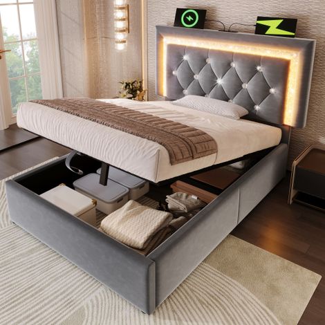 Letto singolo imbottito in velluto 90x200 cm con striscia LED a forma di diamante nella testiera, stazione di ricarica USB e Type-C, base letto idraulica con vano contenitore, letto moderno per ragazz