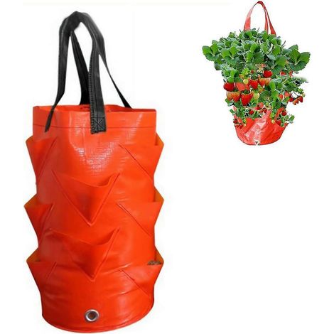 Jardinière suspendue pour fraisiers tomates et légumes 6 trous de plantation sac de culture 20 x 35 cm orange (1/5)