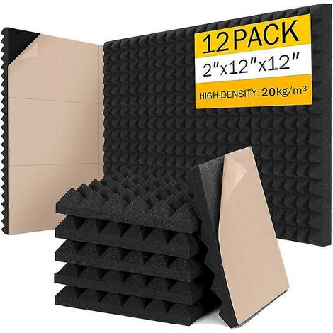 Packung mit 12 hochdichten, schalldämmenden Schaumstoff-Wandpaneelen (5 x 30 x 30 cm), selbstklebend und schnell expandierend. (1/5)