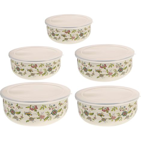Lot de 5 bols en emaux avec couvercle - Bols mélangeurs en métal émaillé pour servir des céréales, des glaces et des salades - Bol préparé pour les bonbons (1/5)