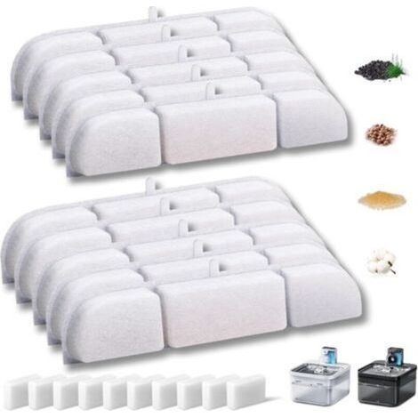 20 Packs Fontaine à Fleur Filtres pour Chat, Filtre à Charbon 10 pièces et Une éponge en Mousse 10 pièces pour 2,5 L Fontaines à Eau pour Chat à Piles à DPWFP6 avec la résine et Charbon Actif (1/4)