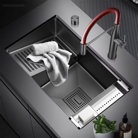 Évier de balcon simple en acier inoxydable avec robinet télescopique et plan de lavage, adapté à l'évier de la buanderie (1/5)