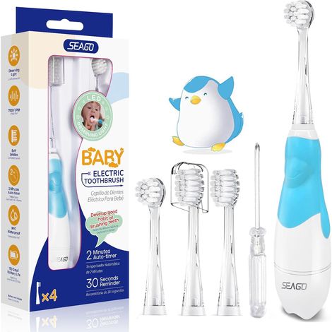 Brosse À Dents Électrique pour Enfant et Bébé à partir de 0 à 3 Ans avec Minuteur de Brossage Lumière LED et 4 Souple Têtes de Brosse Brossage En Douceur pour Fille Garçon (Bleu Bébé) (1/5)