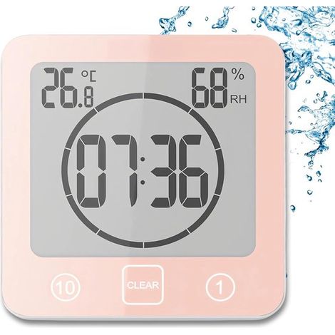 Badezimmeruhr digitaler Duschtimer mit Saugnapf wasserdichte Duschuhr mit Hygrometer und Thermometer Countdown-Funktion digitalem LCD-Alarm für rosa (1/5)
