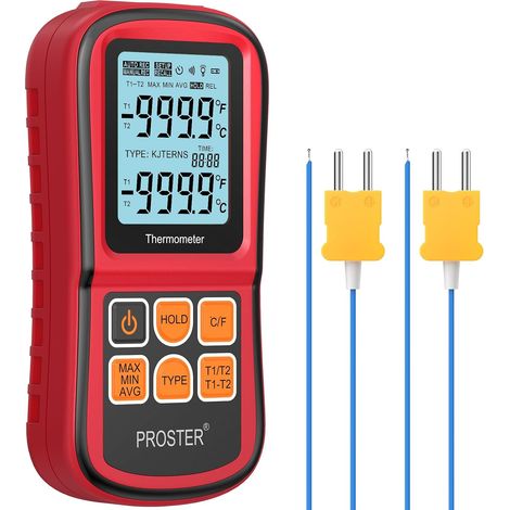 Proster Thermomètre Numérique à Double Canal avec Deux Thermocouples de Type K Thermomètre Industriel avec Rétroéclairage LCD pour Thermocouple K/J/T/E/R/S/N (1/5)