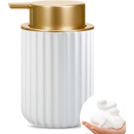Distributeur de savon mousse en céramique blanche de 325 ml avec pompe dorée (Blanc Or) (1/5)