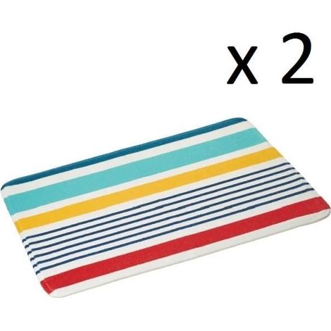 Lot de 2 tapis de bain antidérapant avec rayures multicolore, tapis salle de bain en microfibre - Longueur 70 x Profondeur 45 cm (1/3)