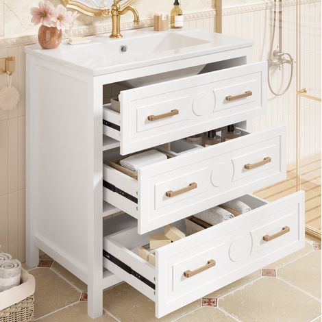 Meuble vasque avec 3 tiroirs silencieux, vasque céramique intégrée, 76,5x47x82 cm, MDF blanc (1/5)