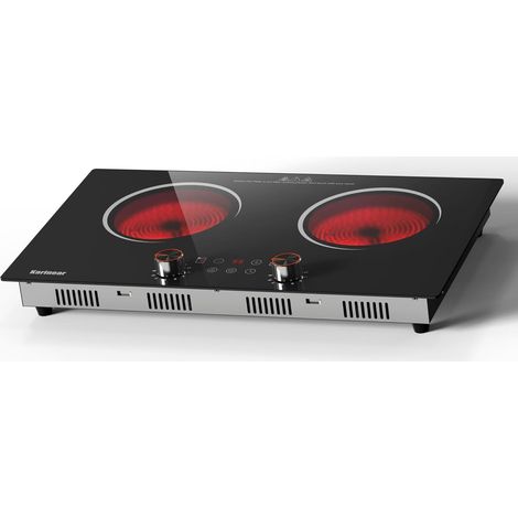 Karinear - Plaque Vitrocéramique 2 Feux Portable avec Prise Schuko, Plaque Electrique Camping, 650℃ Max, Plaque de Cuisson 2 Feux avec Sécurité Enfant, Indicateur de Chaleur Résiduelle, 220-240V, 3200 (1/5)