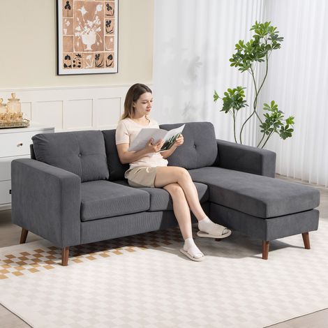 Sofá Chaise Longue Reversible de 3 Plazas Tapizado en Pana Marco de Acero para Espacios Reducidos Gris Oscuro (1/5)