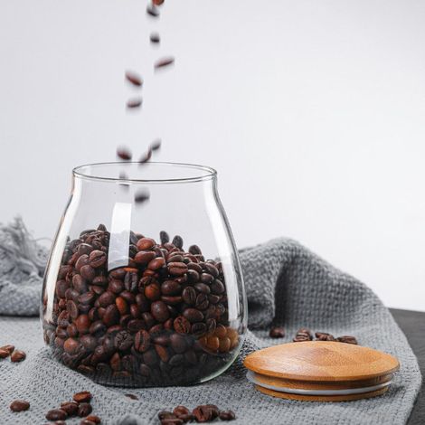 Boîte de conservation en verre avec couvercle en bois, bocal de cuisine transparent en verre pour haricots, riz, confitures, biscuits et bonbons. (1/5)