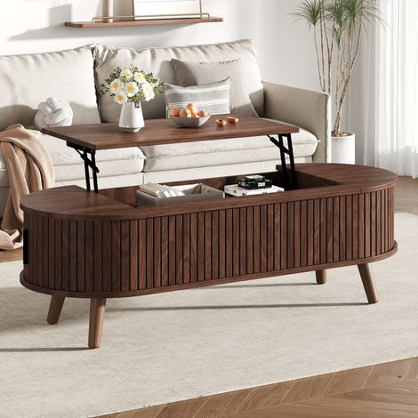 Tavolino da caffè in MDF 120 x 50 x 39,5 cm, noce, altezza regolabile fino a 53,5 cm, con vano nascosto (1/5)