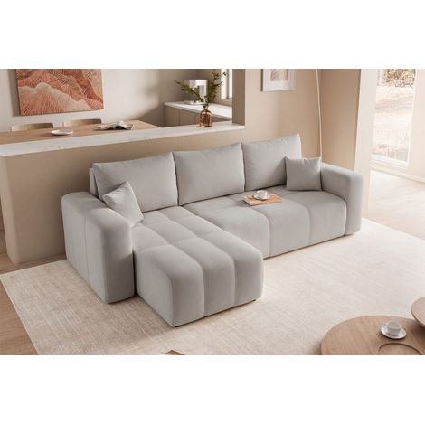 Ecksofa Schlafsofa Sofa LEROS in Stoff Manila Hellgrau Ottomane Links