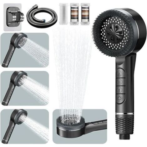 Pommeau de douche avec flexible de 1,5 m, Ion Drops pour eau dure, 4 modes, filtre Ion Drops avec interrupteur marche/arrêt, haute pression pour nettoyer les coins, la baignoire et les animaux, gris (1/4)