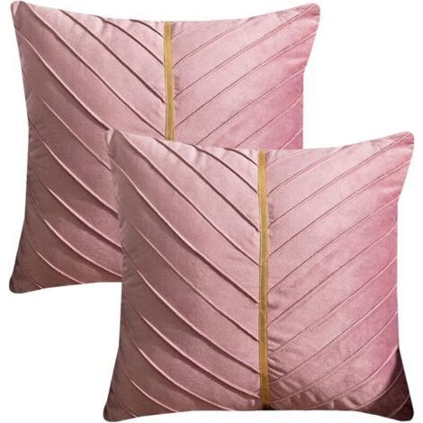 Set of 2 decorative cushion covers in plain textured pink velvet, 45x45 cm, for sofa, living room. (1/4)