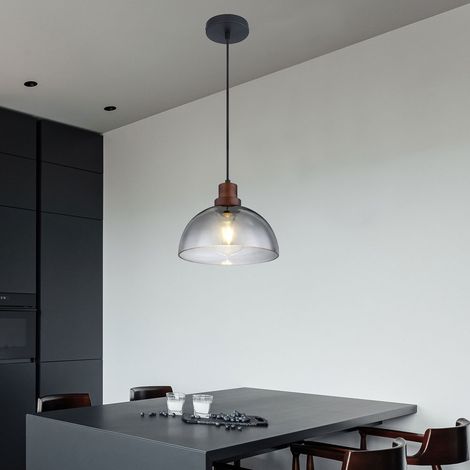 Hängelampe Holzlampe Glasschirm Pendelleuchte Hängeleuchte Wohnzimmerlampe, Metall Glas, schwarz braun, 1x E27, DxH 25x120 cm (1/5)