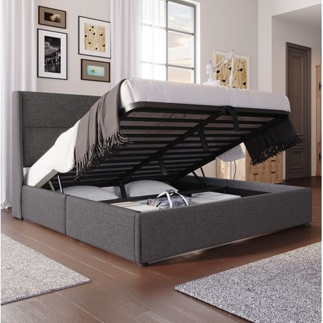 MEUBLIV Lit 160x200 cm gris – coffre hydraulique et têtière réglable, sans matelas (1/5)