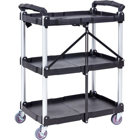 Chariot de service pliable 3 étagères, capacité 74,8 kg, roulettes verrouillables, poignée ergonomique, portable pour garage/entrepôt/bureau/maison (65,1x39,2x83,2 cm). (1/5)