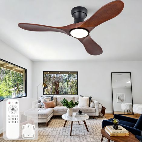 Ventilateur de plafond avec éclairage et télécommande, ventilateur silencieux pour chambre et salon, 3 pales en bois massif 106 cm, Noyer foncé (1/5)