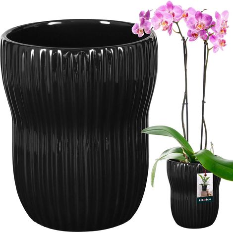 Vaso da fiori KOTARBAU® da 11,5 cm in ceramica smaltata nera, con scanalature, ideale per fiori ed erbe aromatiche, con coperchio decorativo, perfetto per balconi.