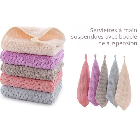 Petite Serviette Main, Essuie Main, Ensemble 5 Pièces Essuie Main Cuisine, Serviette Suspendue en Polaire Corail, Boucle De Ceinture Super Absorbante à Séchage Rapide
