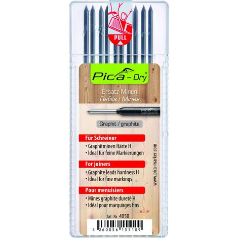Mines graphite H pour marqueurs Pica Dry – Lot de 10 – Diamètre 2,8 mm x 125 mm – Marquage fin sur bois sec