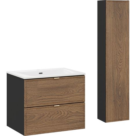 Ensemble meuble simple vasque encastrée 60cm et colonne Elena Bois et noir