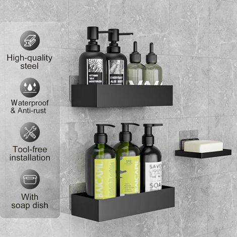 Étagère Douche Sans Percage - 3 Pièces Etagere Douche avec Porte Savon Douche, Porte Shampoing Accessoire Douche Noir (1/3)