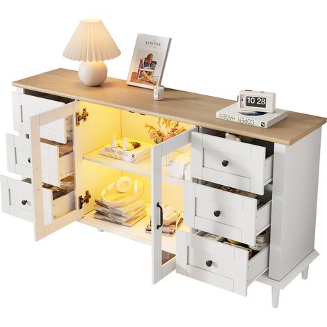 Buffet et Enfilade avec 2 Portes Acryliques, 6 Tiroirs et LED pour Salon et Salle à Manger, en MDF, 150×40×75 cm