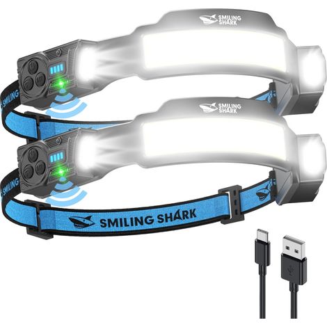 Lampe Frontale, LED Head Lamp Rechargeable 2400mAh 2x Projecteur Orientable & Flood & Strobe Headlamp avec Capteur de Mouvement pour Camping, Jogging, Randonnée, Course (2 PACK) (1/5)